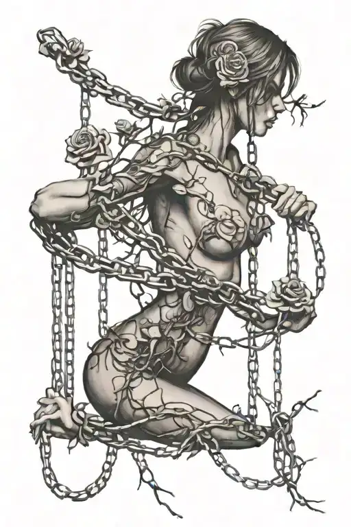 Silhouette of a naked girl, roots growing out of chains, roses tattoo design idea