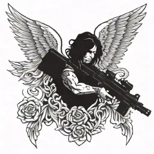 Angel holding gun flying tattoo design idea