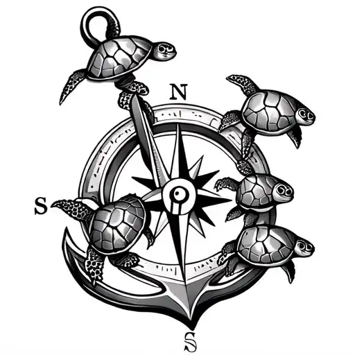 nautical compass anchor and 5 baby sea turtles tattoo design idea