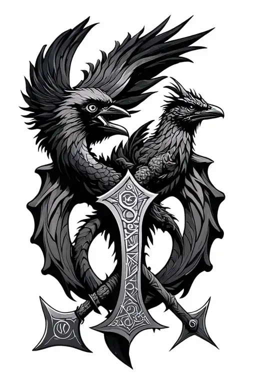 viking vegvisir runes dragon crows axe Polynesian mixed tattoo design idea