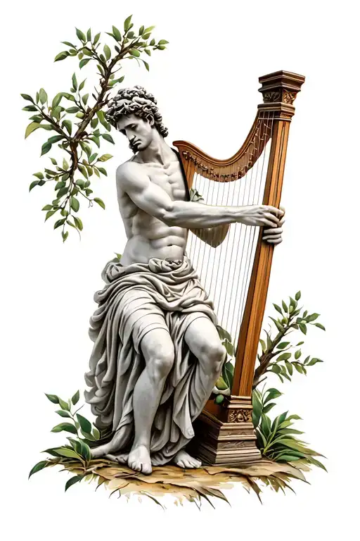 a old greekgod playing a harp surrounded by olive trees and no color in the tattoo tattoo design idea
