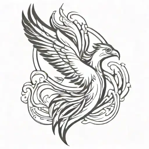 Phoenix bird representing rebirth, a new future with clouds surrounding tattoo design idea