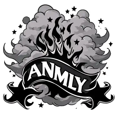 Create a simple yet cool hand tattoo with the word ANMLY with clouds in the background, and 5 stars flames coming off tattoo design idea