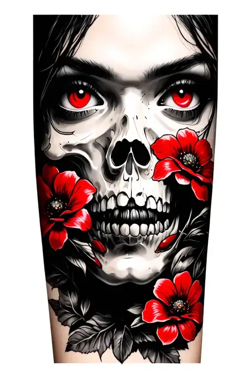 A female face, red eyes, skulls, red flowers on a blackout forearm  tattoo design idea