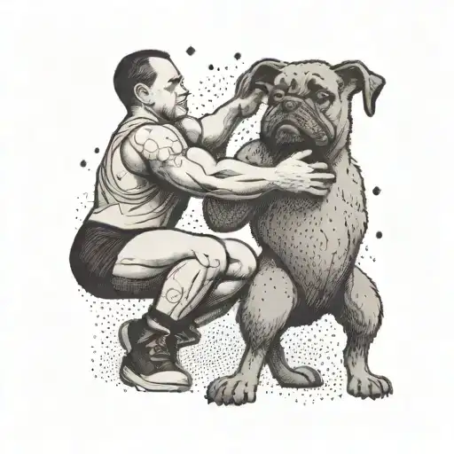A strongman lifting a massive weight with your dog cheering in the background tattoo design idea