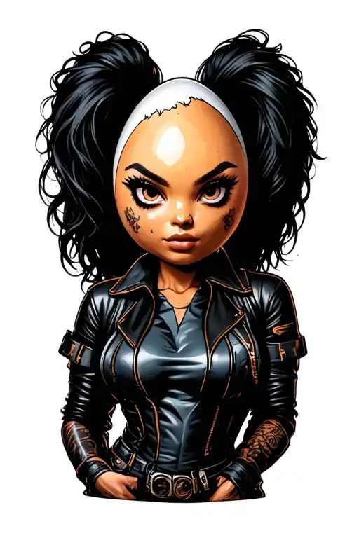 create a cartoon egg woman wearing biker leathers tattoo design idea