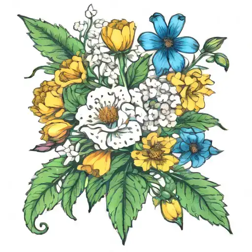 Carnation, Snow drop, marigold, cosmos, sweet pea, daisy and narcissus tattoo design idea