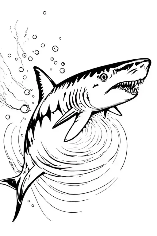 great white shark swimming upstream with lines and bubbles around it tattoo design idea