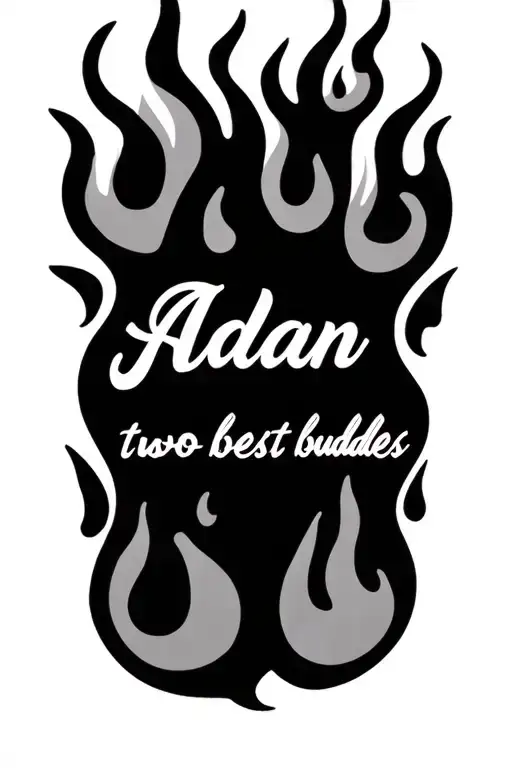 black and white flames with the name Aidan written in them with the words "two best buddies" written under tattoo design idea