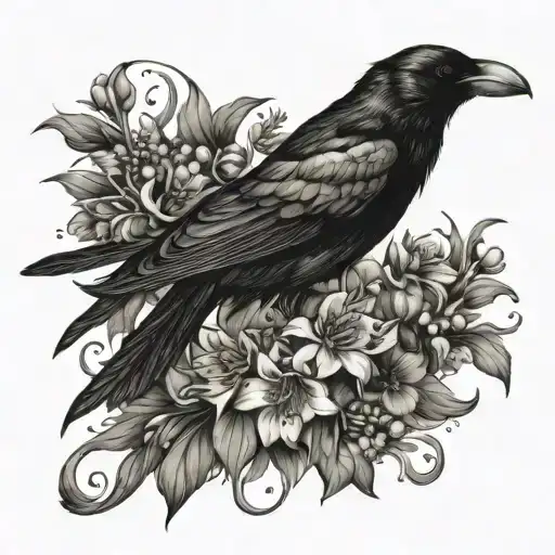 a scary crow surrounded by lilly of the valley and aster flowers tattoo design idea