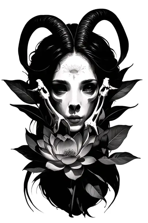 Shadow people, lotus flowers (live and dead), rose flowers (live and dead), goat bones, black and gray realism  tattoo design idea