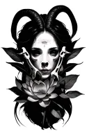 Shadow people, lotus flowers (live and dead), rose flowers (live and dead), goat bones, black and gray realism  tattoo design idea