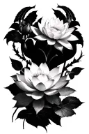 Shadow people, lotus flowers (live and dead), rose flowers (live and dead), goat bones, black and gray realism  tattoo design idea