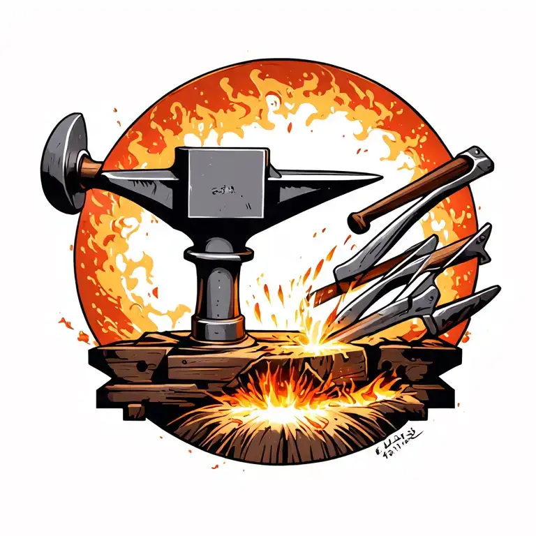 tattoo of an anvil with behind it a forging hammer and tongs tattoo design idea