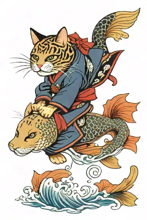 Samurai tabby cat riding koi fish jumping tattoo design idea