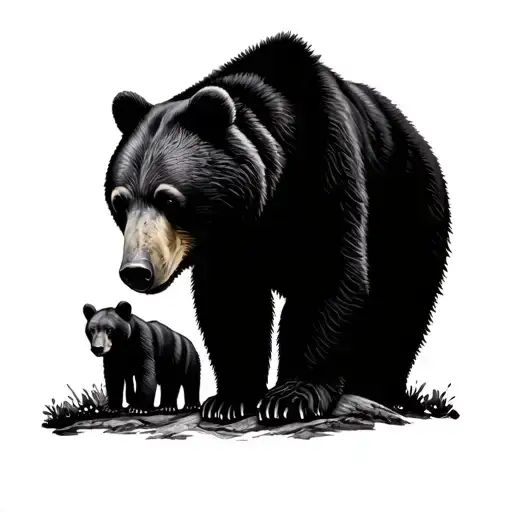 A tattoo design of a mother bear and her cubs exploring the Yosemite National Park, with intricate blackwork details highlighting the beauty of the wilderness tattoo design idea