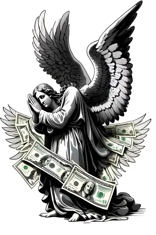  angel with 100's  of dollars in wings praying hands tattoo design idea