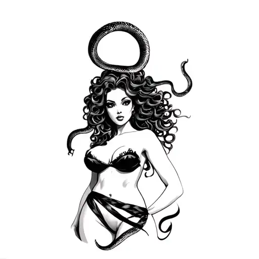 Black and white medusa with snake hair in pin up girl style for the thigh tattoo design idea