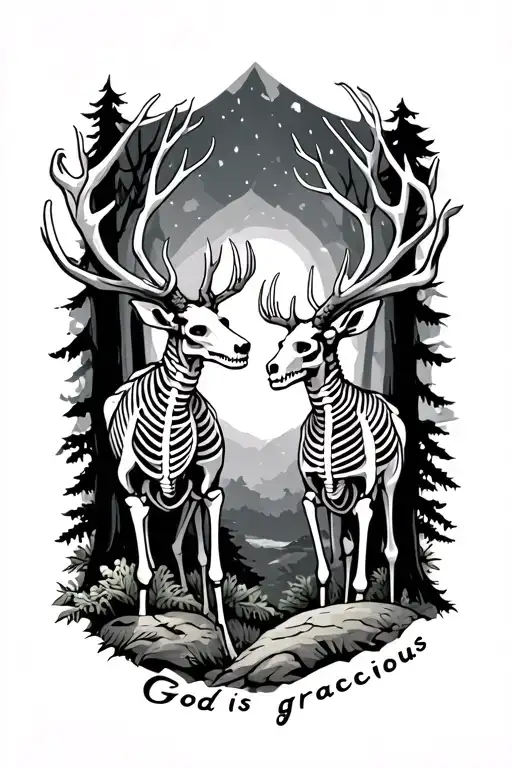 two skeleton deers in the forest with the words "God is gracious" tattoo design idea