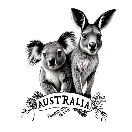 Back to back with a kangaroo and a koala on the top and above the Australia card tattoo design idea