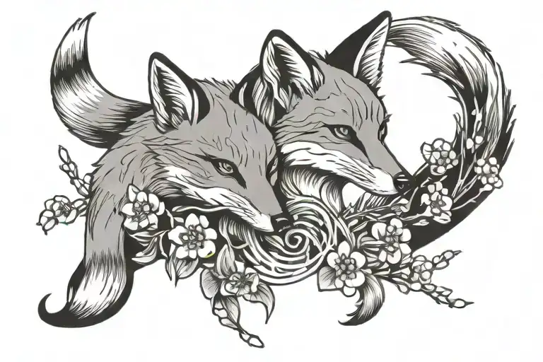 Band with Foxes and a cherry blossom in a Japanese Style  tattoo design idea