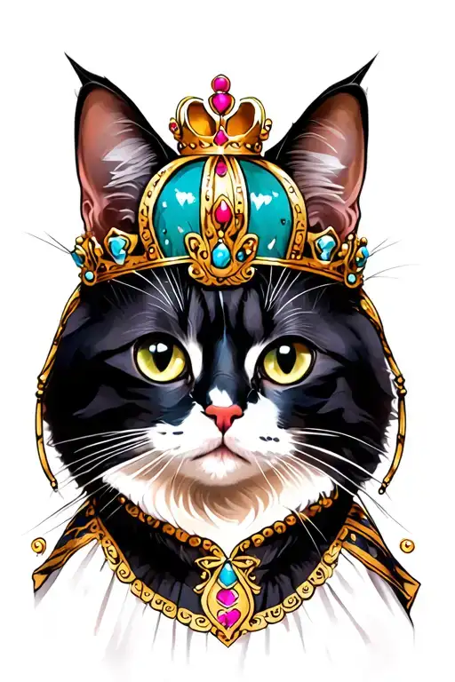 cat wearing princess dress and crown tattoo design idea