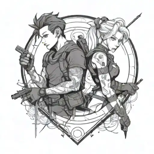 vi and jinx from arcane. simple line work. make it look more like from the show tattoo design idea