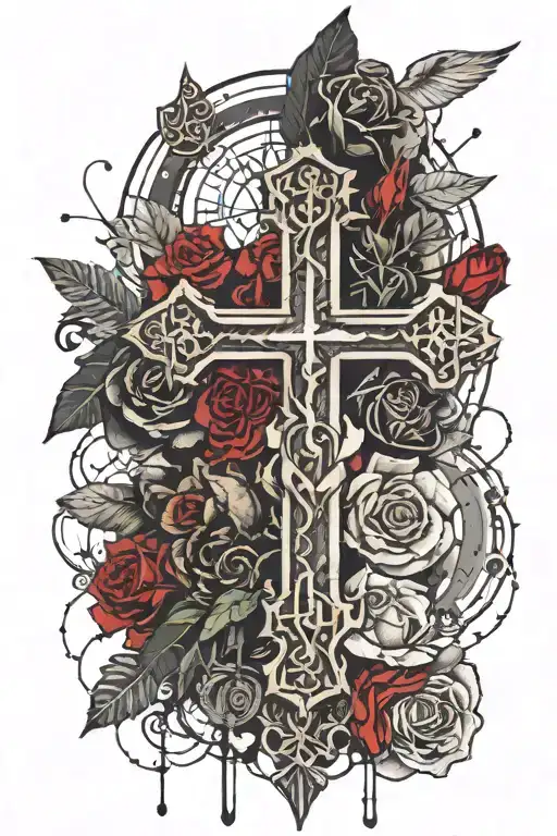 an Egyptian cross surrounded by roses, rinds and parchment tattoo design idea