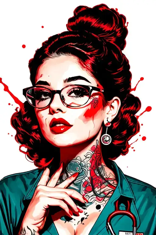 pinup, medical scrubs, messy bun, glasses, cute,id badge, nails, big boobs,side view tattoo design idea