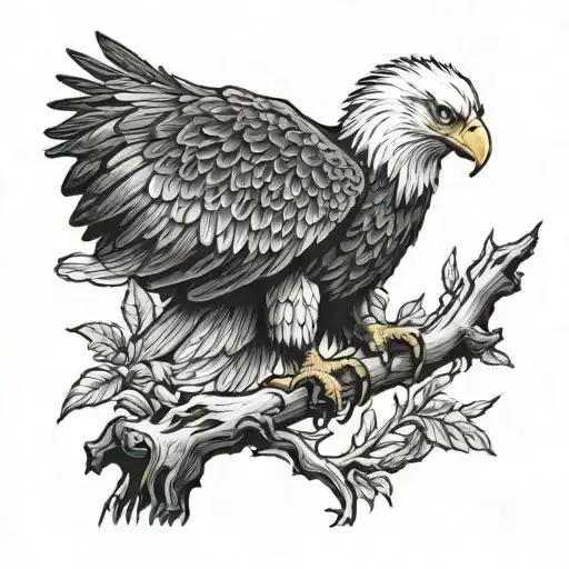 A detailed bald eagle perched on a branch, sipping a twisted tea tattoo design idea