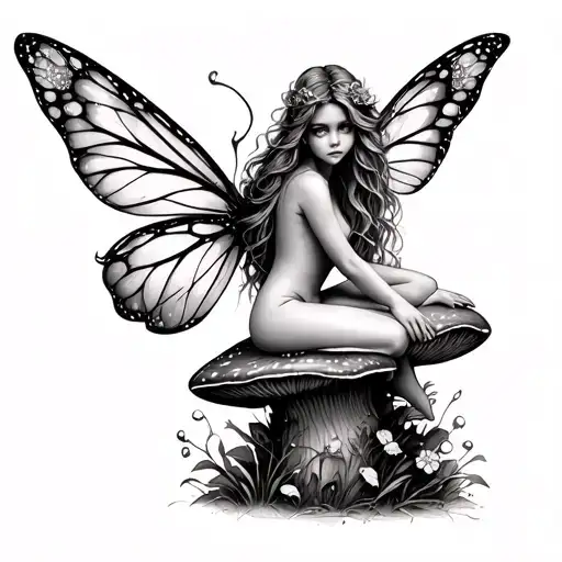 silver mist fairy sitting on a mushroom tattoo design idea