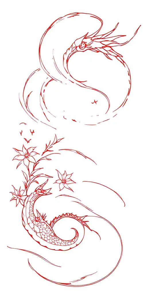 waves and small flowers as a base, red gyrados (pokemon) wrapped top to bottom tattoo design idea