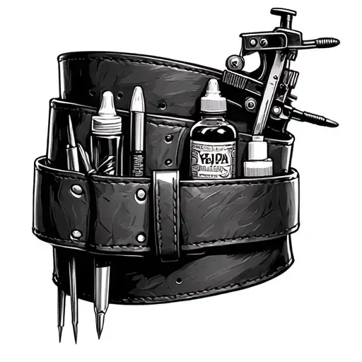 Sketch of a leather thigh belt with integrated tattoo artist tools (tattoo machine, needles, ink bottles, grips, wipes)  tattoo design idea