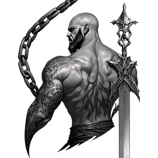 tattoo in the same shape of kratos’ mark but replace it with a chain and make it look like there’s a blade on my back tattoo design idea