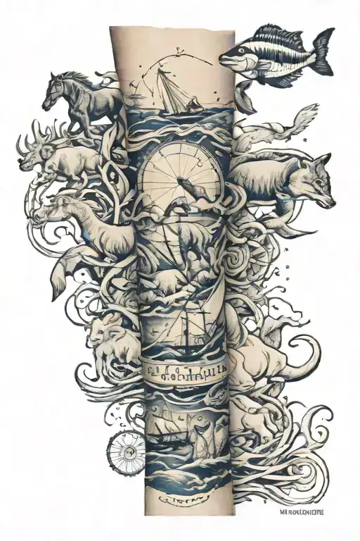 nautical arm sleeve featuring a collage tattoo featuring various animals with inspirational quotes tattoo design idea