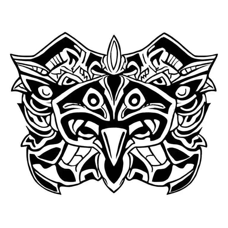 A unique combination of Enata, Tiki, Shark tooth, and Turtle elements in a Polynesian tribal design tattoo design idea