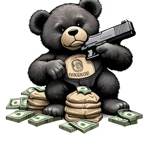 gangster teady bear holding a Glock 19 standing on top of money bags tattoo design idea