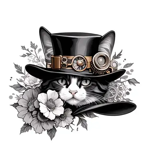 steampunk style tattoo for foot with delicate flowers a cat in a top hat and cogs tattoo design idea
