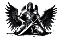 wounded knight kneeling angel holding a sword tattoo design idea