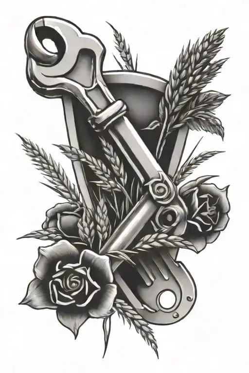 wrench with flowers and wheat tattoo design idea