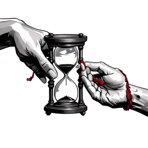 two hands holding hourglass with the red string of fate binding them tattoo design idea