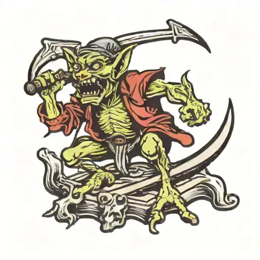 goblin standing on dead bodies with axe tattoo design idea