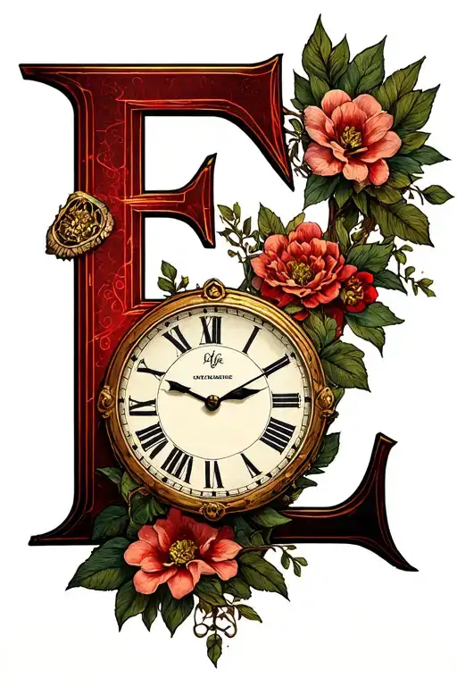 Letter E 11/06/2025 and clock tattoo design idea
