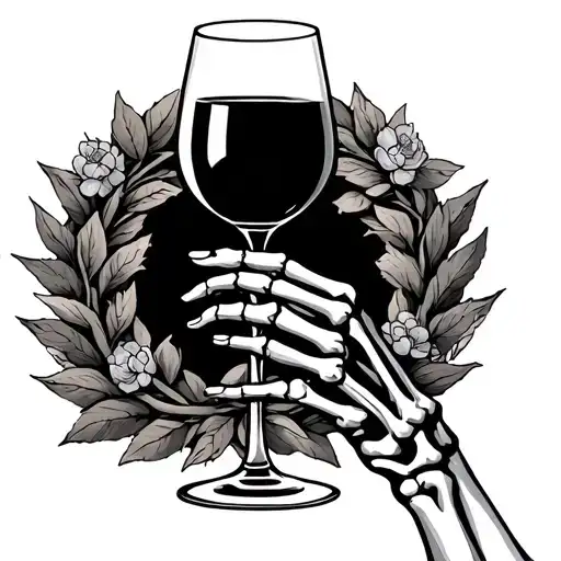 A glass of wine held by a skeletal hand, and around a wreath of life tattoo design idea