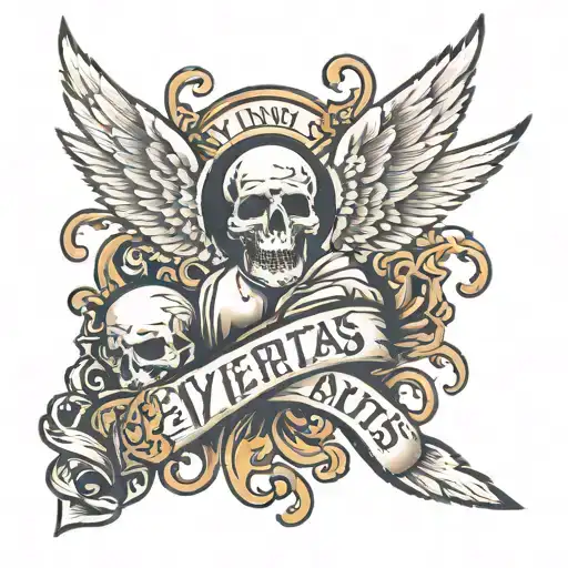 vino veritas font with fallen angel falling tattoo design idea
