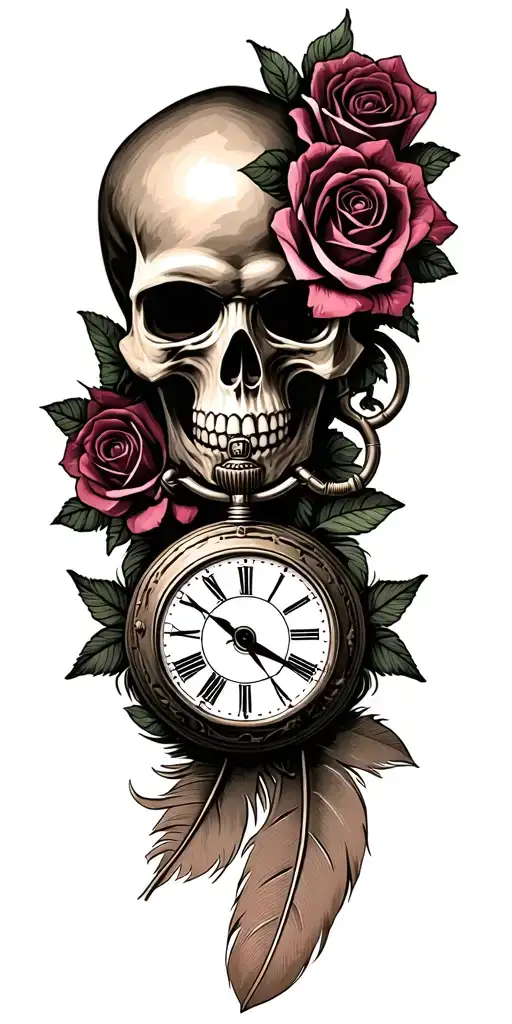 skull, roses, compass, pocket watch, 3 dates for children, feather tattoo design idea
