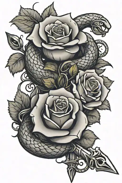 sword snake rose tattoo design idea