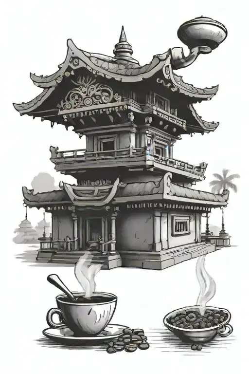 Incorporate a traditional Nepali temple with a coffee grinder as the structure and musical notes as the roof tattoo design idea