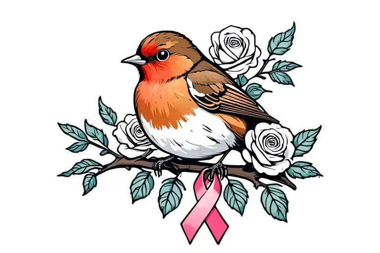 Colored Robin sitting on branch with roses around it with a cancer ribbon hanging on the branch tattoo design idea