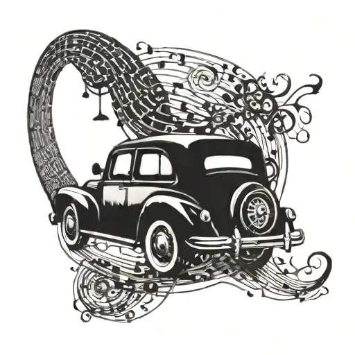 A crescent moon made of musical notes with a vintage car driving through it tattoo design idea